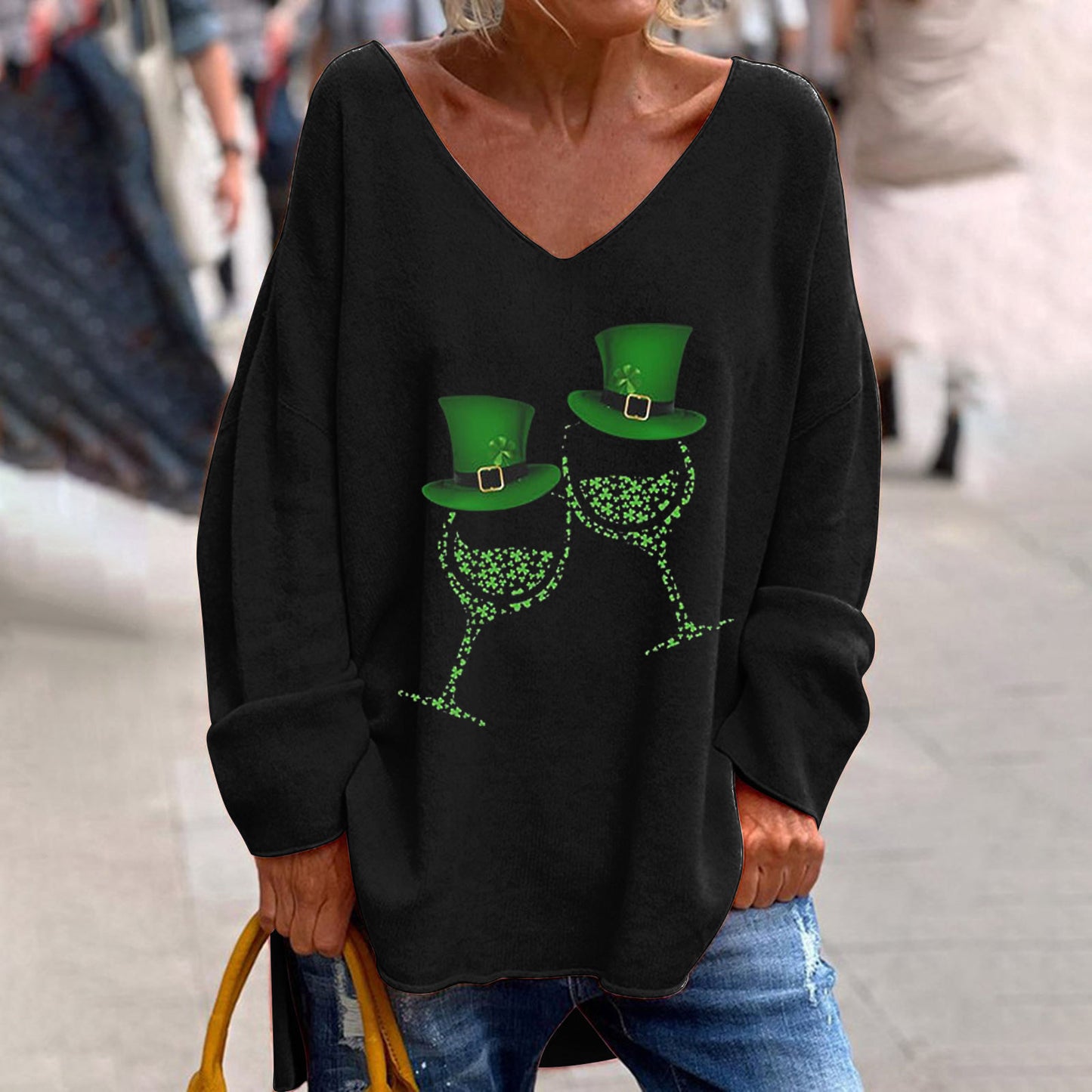 Women's St. Patrick's Day V-Neck Long Sleeve Oversized Tee