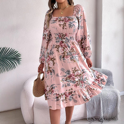 Floral Square Neck Long Sleeve Ruffle Midi Dress