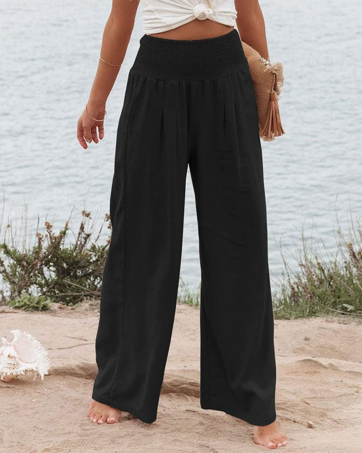 Women's Smocked High Waist Wide Leg Cotton Pants Pockets
