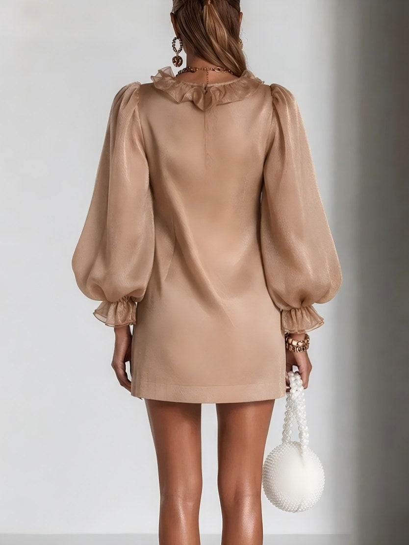 Women's Puff Sleeve Ruffle Deep V-Neck Mini Dress