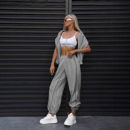 Women's Contrast Piping Sweatshirt Sweatpants Set