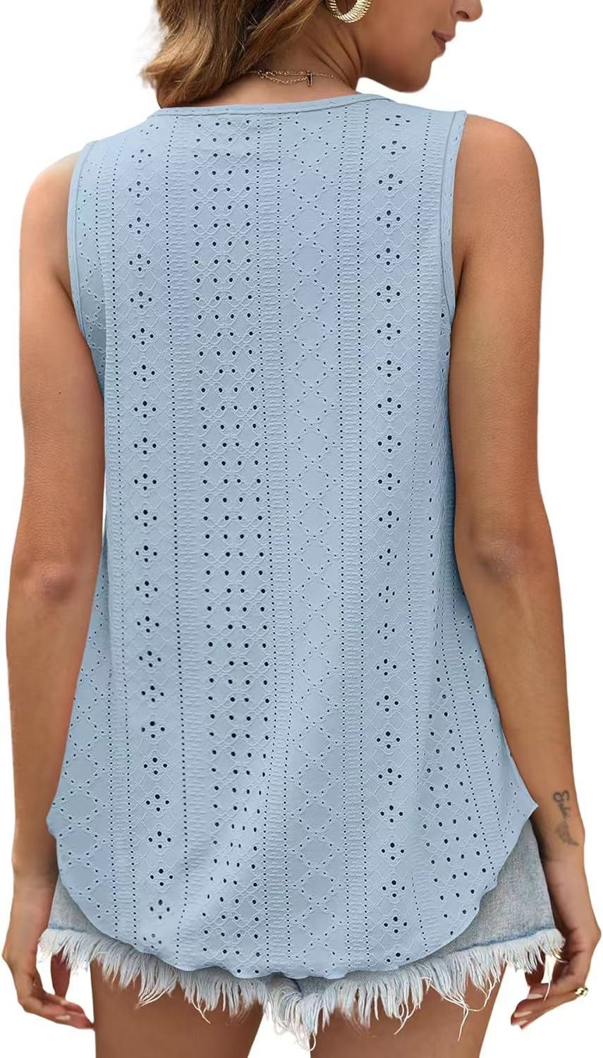 Eyelet Knit Tank Top Sleeveless Loose Fit Summer Top
