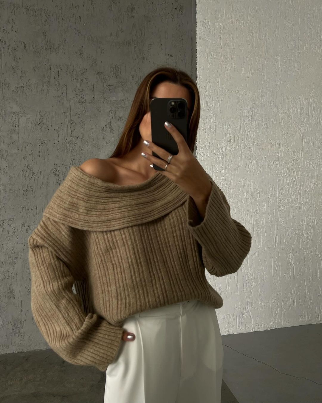 Womens Off Shoulder Bell Sleeve Sweater Oversized Knit Top