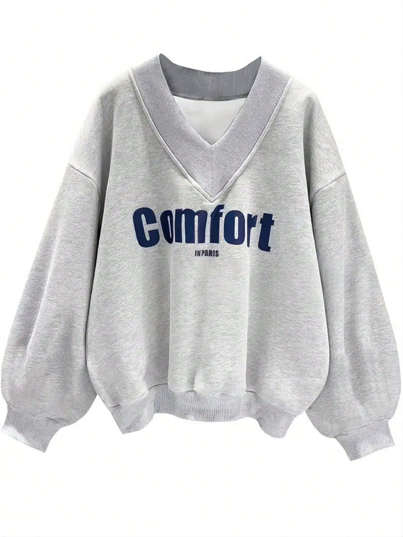 Womens Oversized V Neck Graphic Sweatshirt Bubble Sleeve