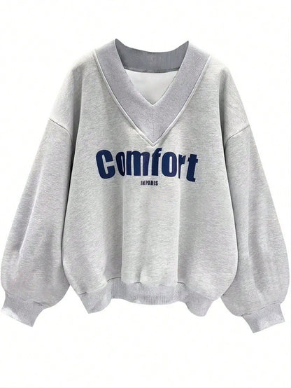 Womens Oversized V Neck Graphic Sweatshirt Bubble Sleeve