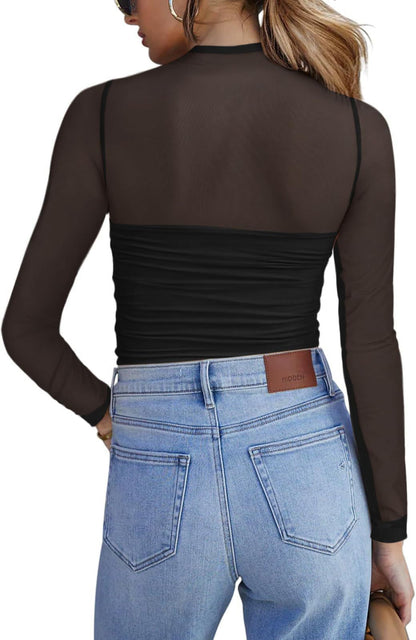 Y2K Mesh Semi-Turtleneck Long Sleeve Sexy T-Shirt