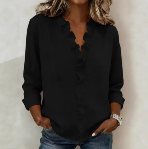 Ruffle Trim Cotton Linen Blouse Long Sleeve
