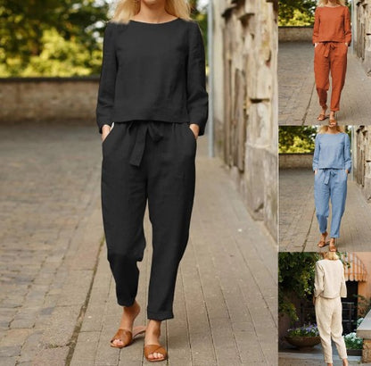 Women's Linen Blend Two Piece Set Long Sleeve Top & Pants