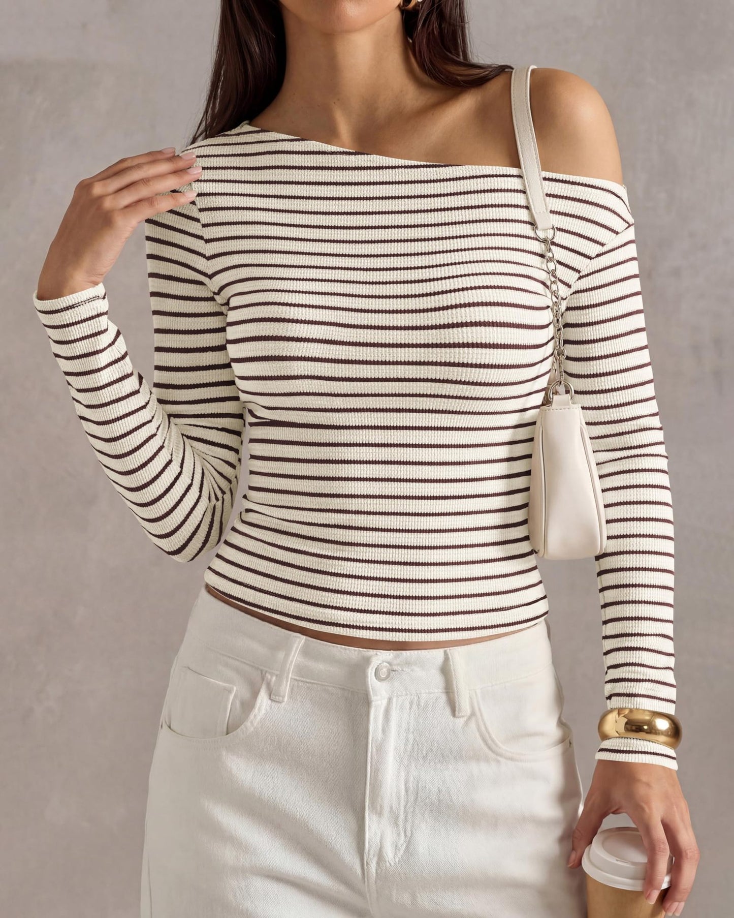 Off Shoulder Striped Long Sleeve Ribbed Knit Top Women