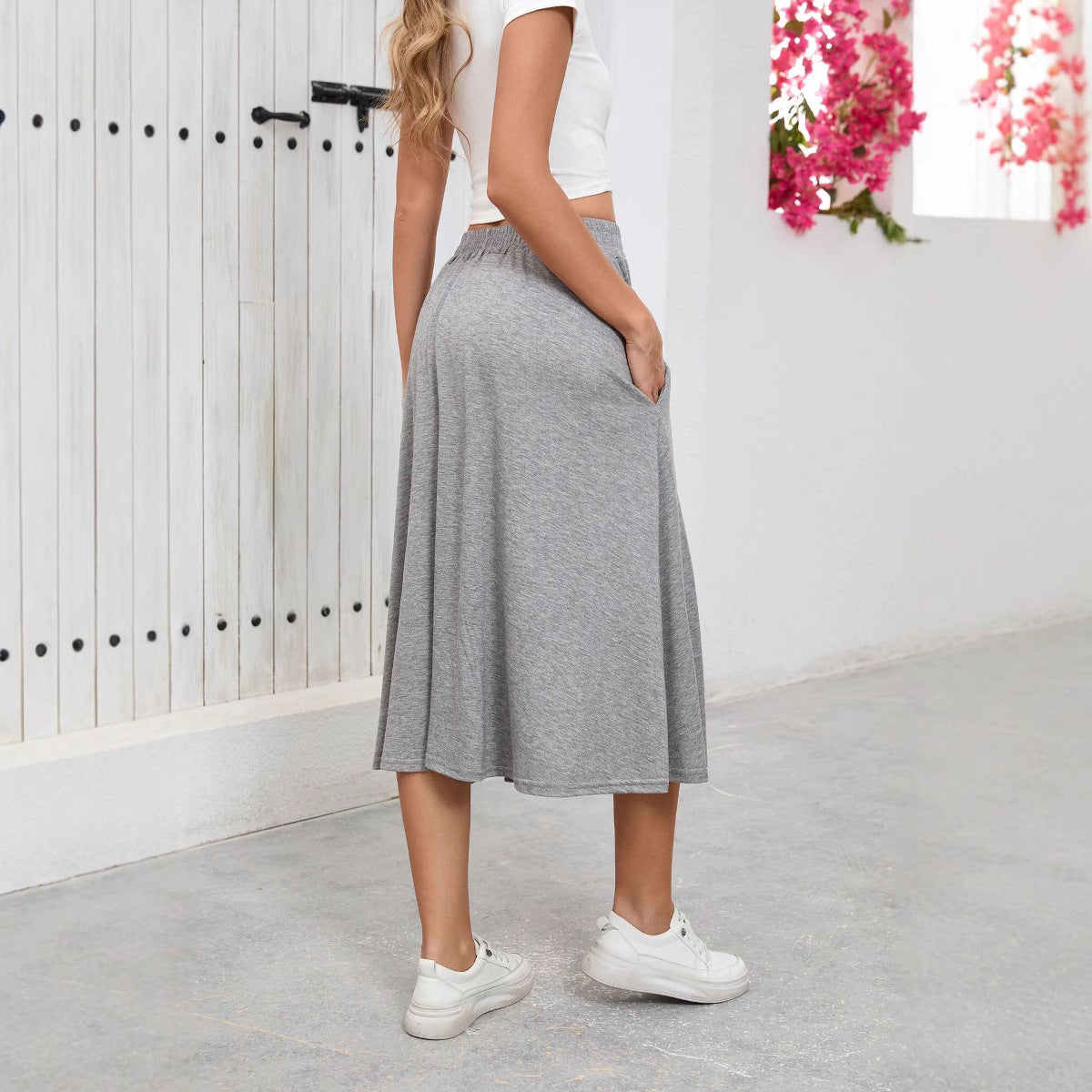 Solid Knit Midi Skirt High Waist A Line Elastic Work