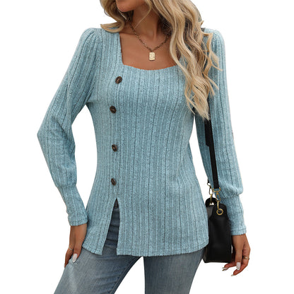 Long Sleeve Top with Square Collar and Pit Strip Detail in Solid Color