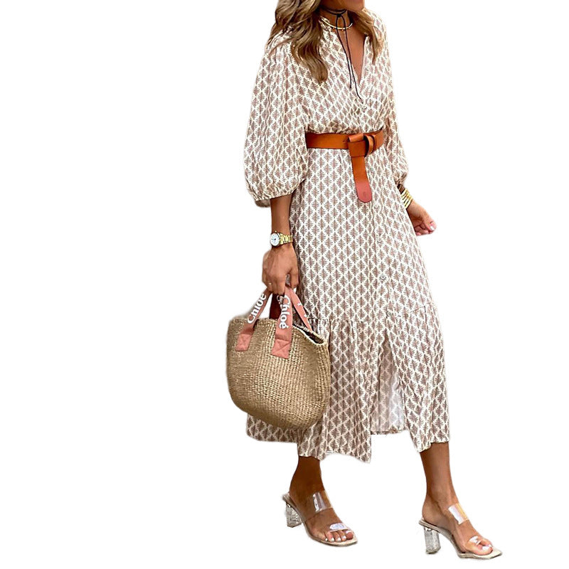 Boho Floral V-Neck Puff Sleeve Midi Dress Belted