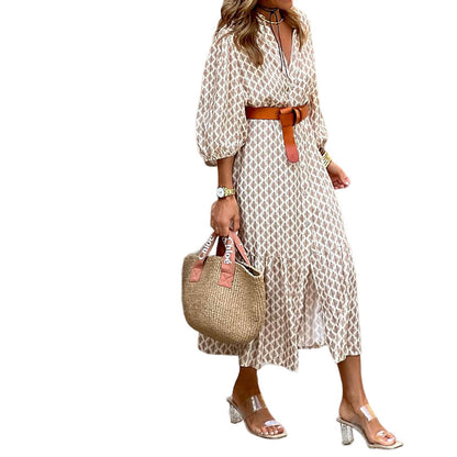 Boho Floral V-Neck Puff Sleeve Midi Dress Belted
