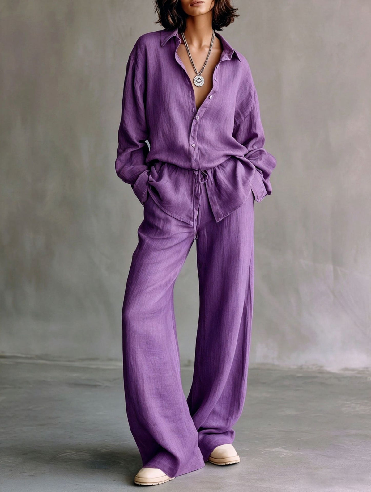 Women's Button Down Shirt Wide Leg Pants Matching Set