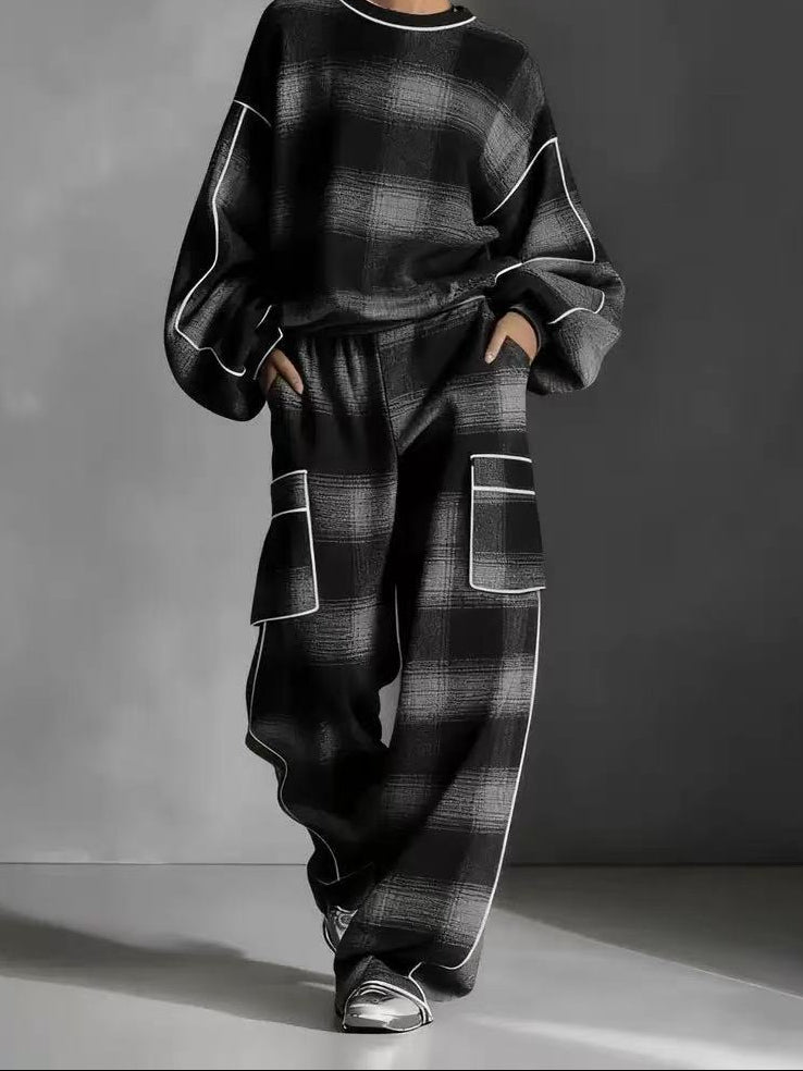 Women's Plaid Oversized Sweatshirt Cargo Pants Matching Set