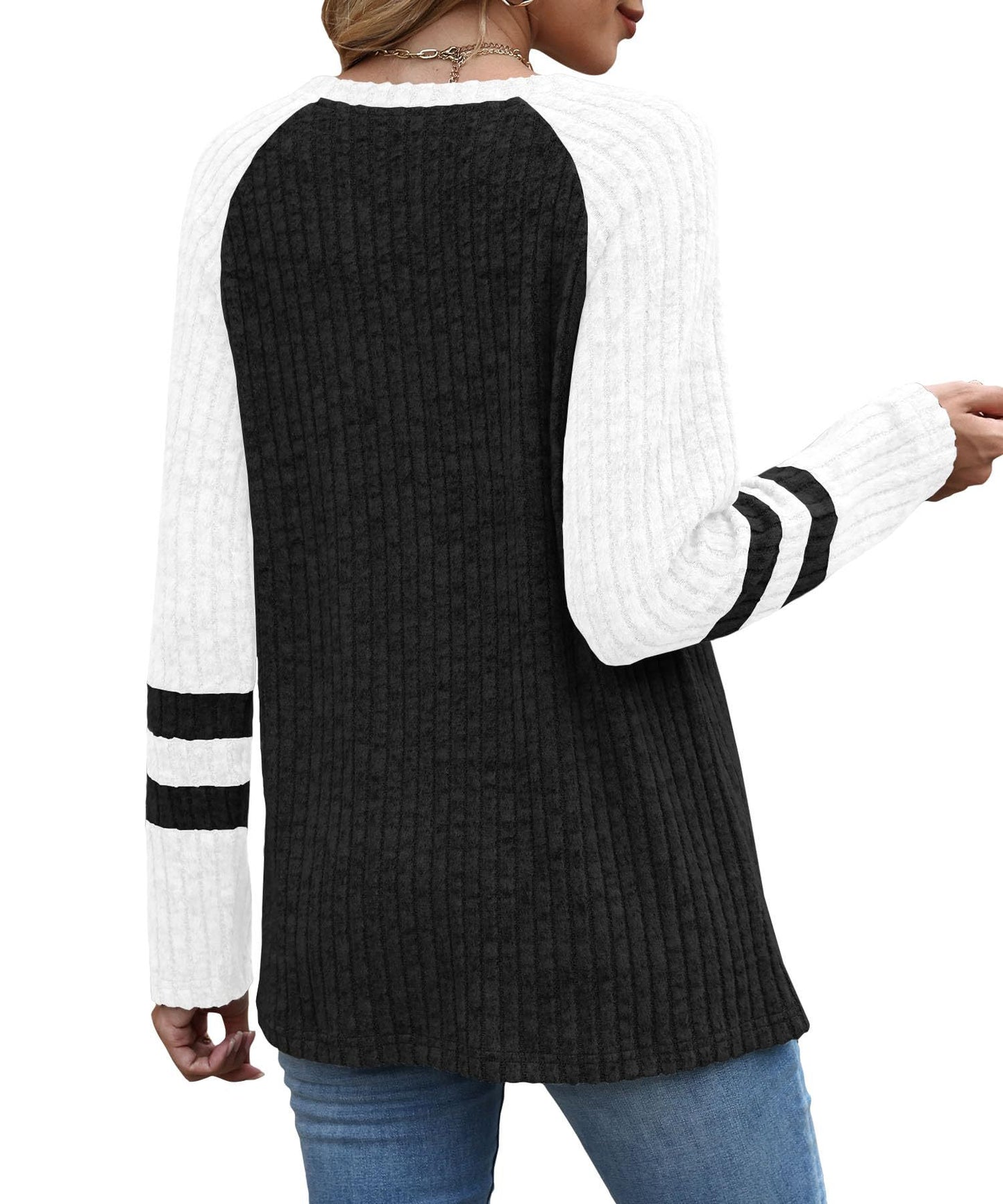 Colorblock Ribbed Knit Sweater Women Casual Pullover Top