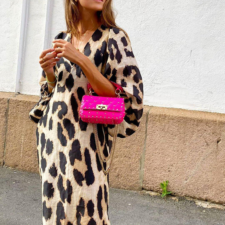 Women's Leopard Print V-Neck Balloon Sleeve Maxi Dress