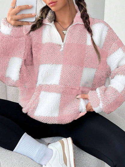 Womens Checkered Sherpa Quarter Zip Fleece Pullover