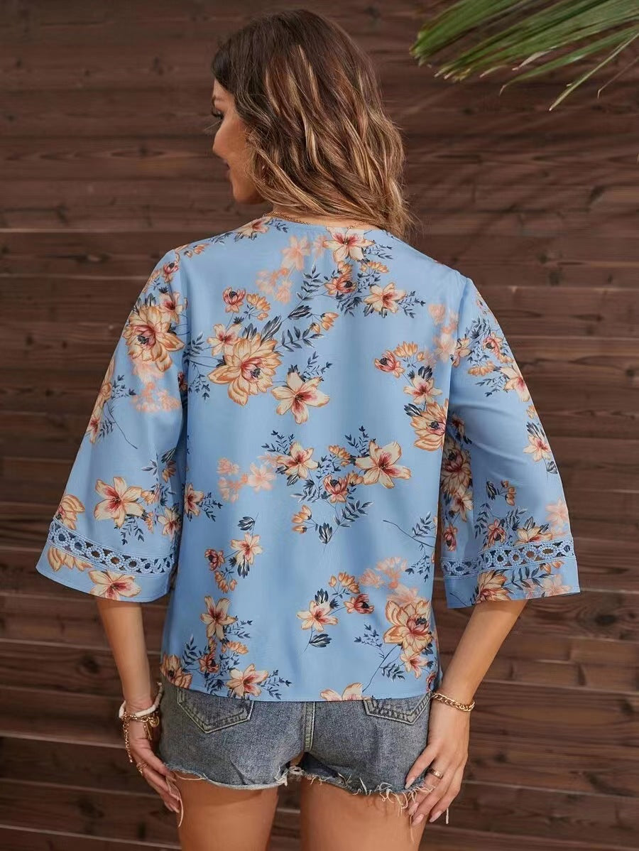 Women's Floral Lace V-Neck Bell Sleeve Boho Summer Blouse