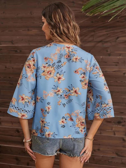 Women's Floral Lace V-Neck Bell Sleeve Boho Summer Blouse