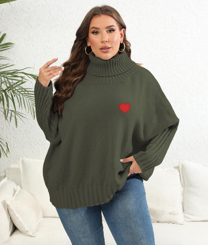 Women's Love Sticker Sweater Solid Color Turtleneck Loose Pullover