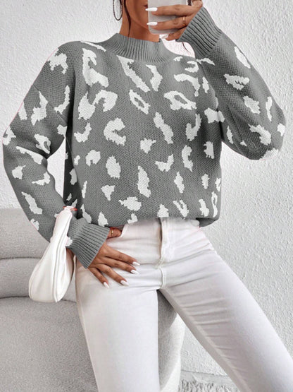 Women's Leopard Print Crew Neck Oversized Pullover Sweater