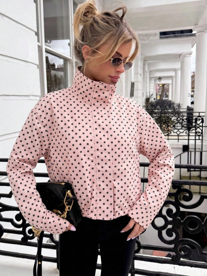 Polka Dot Zip Jacket Stand Collar Pocket Loose Coat