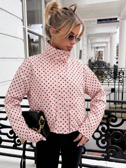 Polka Dot Zip Jacket Stand Collar Pocket Loose Coat