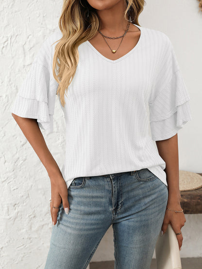 V-Neck Lotus Leaf Sleeve Women’s T-Shirt Top