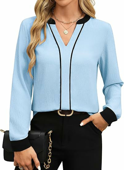 Women's V Neck Color Block Long Sleeve Business Blouse