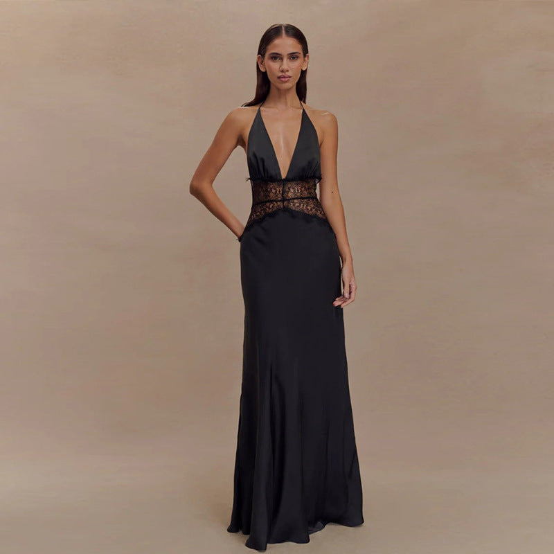 Halter Deep V Neck Backless Lace Bodycon Maxi Dress