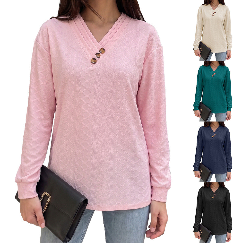 Women's Casual V-Neck Button Long Sleeve Loose Tunic Top
