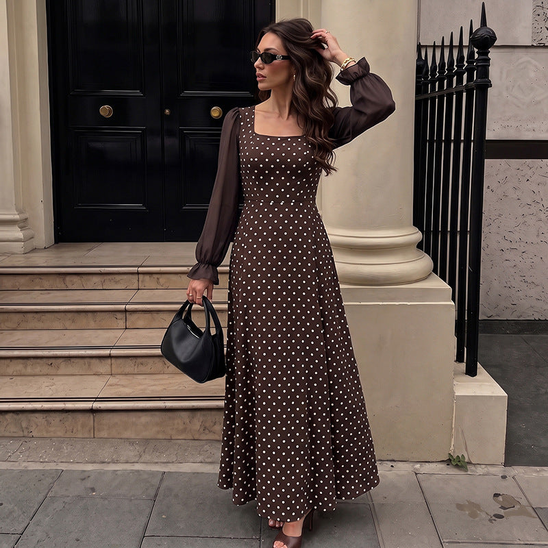 Brown Polka Dot Square Neck Bell Sleeve Midi Dress Vintage