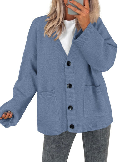 Oversized V Neck Button Knit Cardigan with Pockets