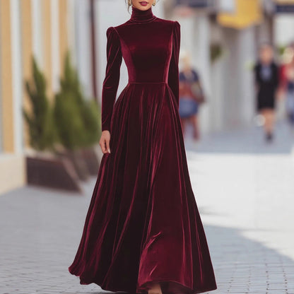 Elegant Velvet Turtleneck Long Sleeve Maxi Dress