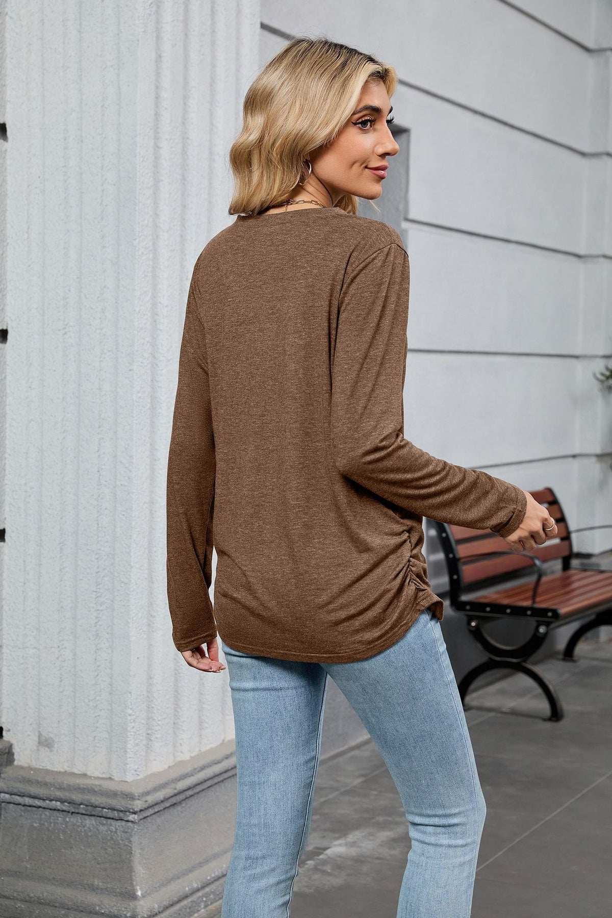 Women's V-Neck Long Sleeve Oversized Tunic Top Shirred