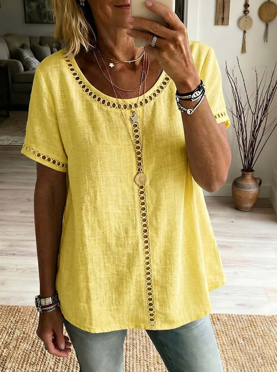 Cotton Blend Top Lace Trim Cutout Short Sleeve Shirt