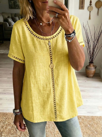 Cotton Blend Top Lace Trim Cutout Short Sleeve Shirt