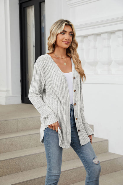Soft Ribbed Button-Down Knit Cardigan for Fall & Winter