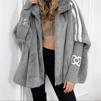 Women's Oversized Hooded Faux Fur Varsity Jacket