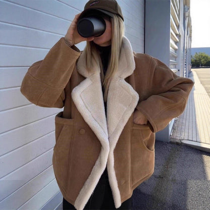 Women Oversized Sherpa Lined Suede Winter Jacket