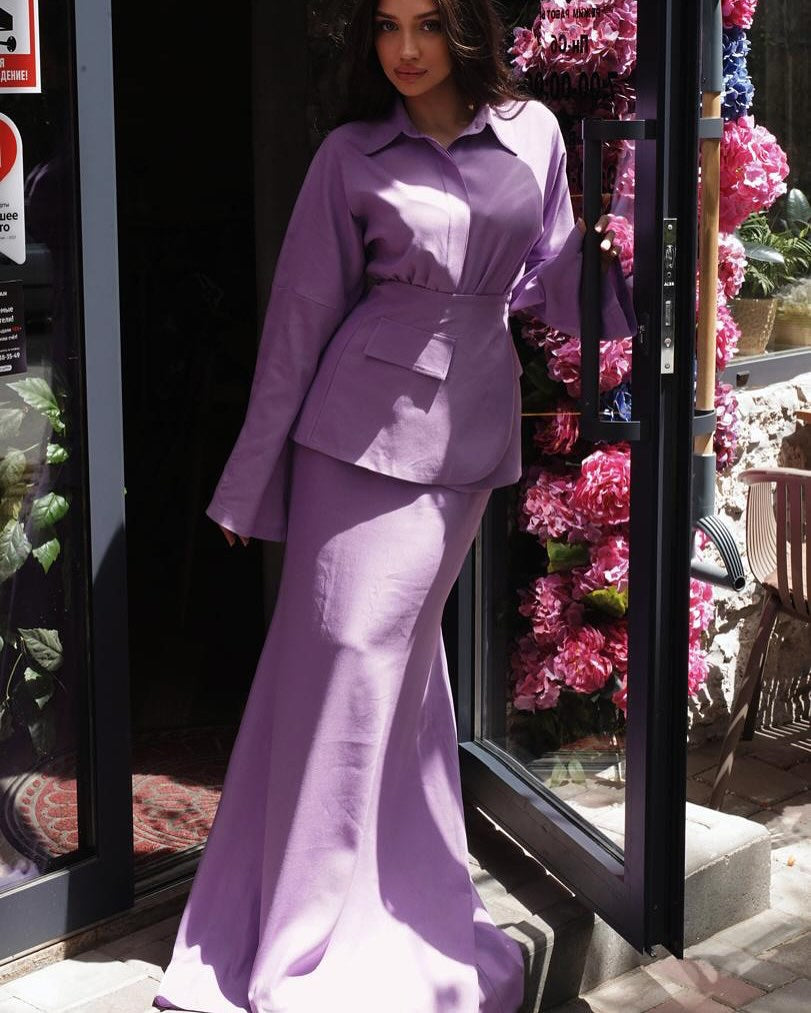 Women's Elegant Collared Long Sleeve 3 Piece Maxi Skirt Set