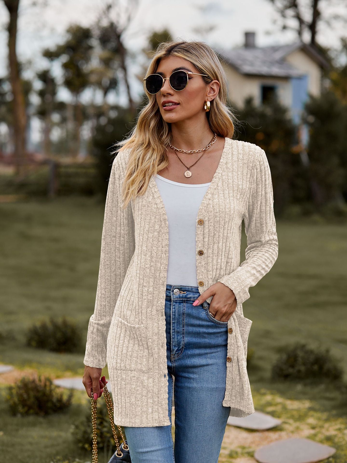 Ribbed Knit Cardigan Long Sleeve Button Pocket Sweater