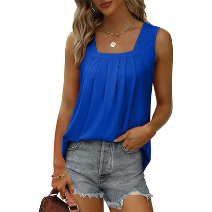 Orange Square Neck Pleated Sleeveless Flowy Tank Top