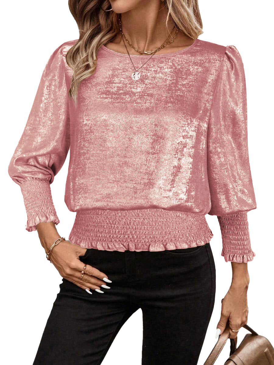 Metallic Smocked Hem Blouse Puff Sleeve Party Top