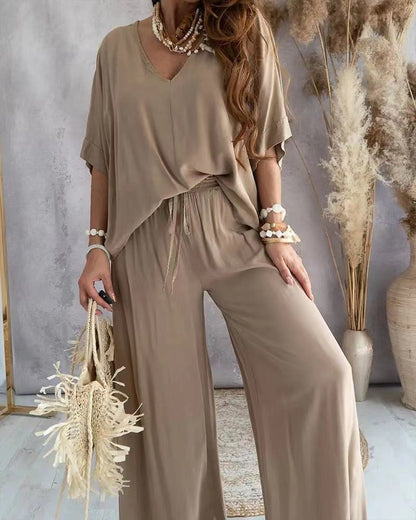 Women's V-Neck Batwing Wide Leg Pants 2-Piece Set