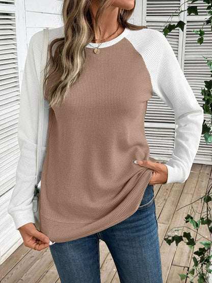 Colorblock Waffle Knit Long Sleeve Top Women Casual Tee