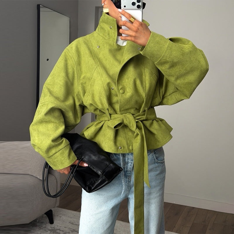 Women's Belted Cropped Jacket Stand Collar Trench Coat
