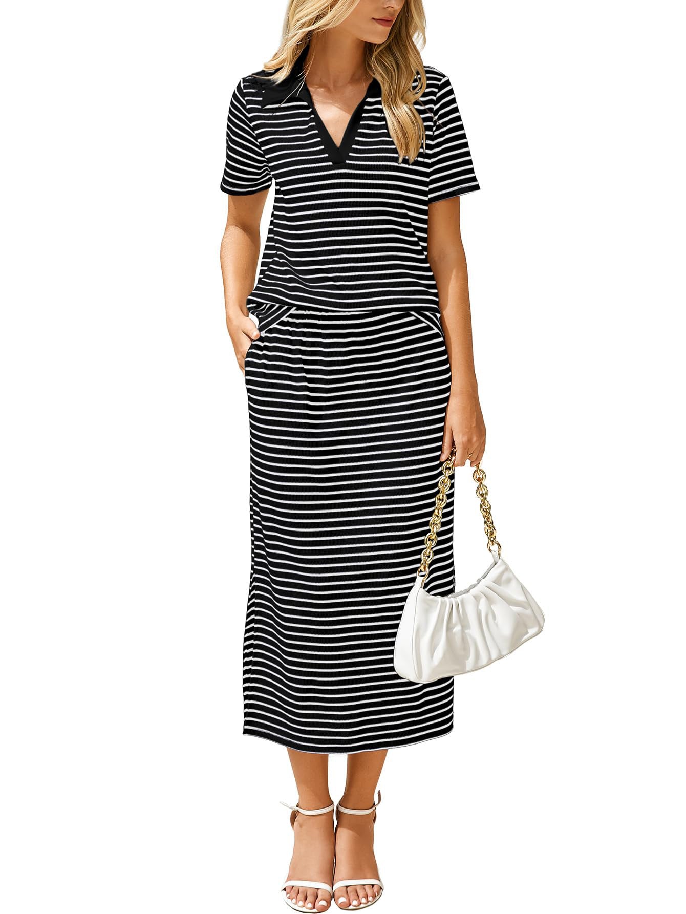 Striped Collared Top Slit Skirt Set Casual 2 Piece