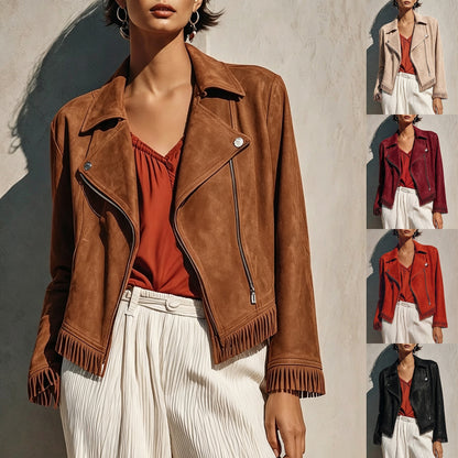 Women's Faux Suede Fringe Moto Jacket Zip Up
